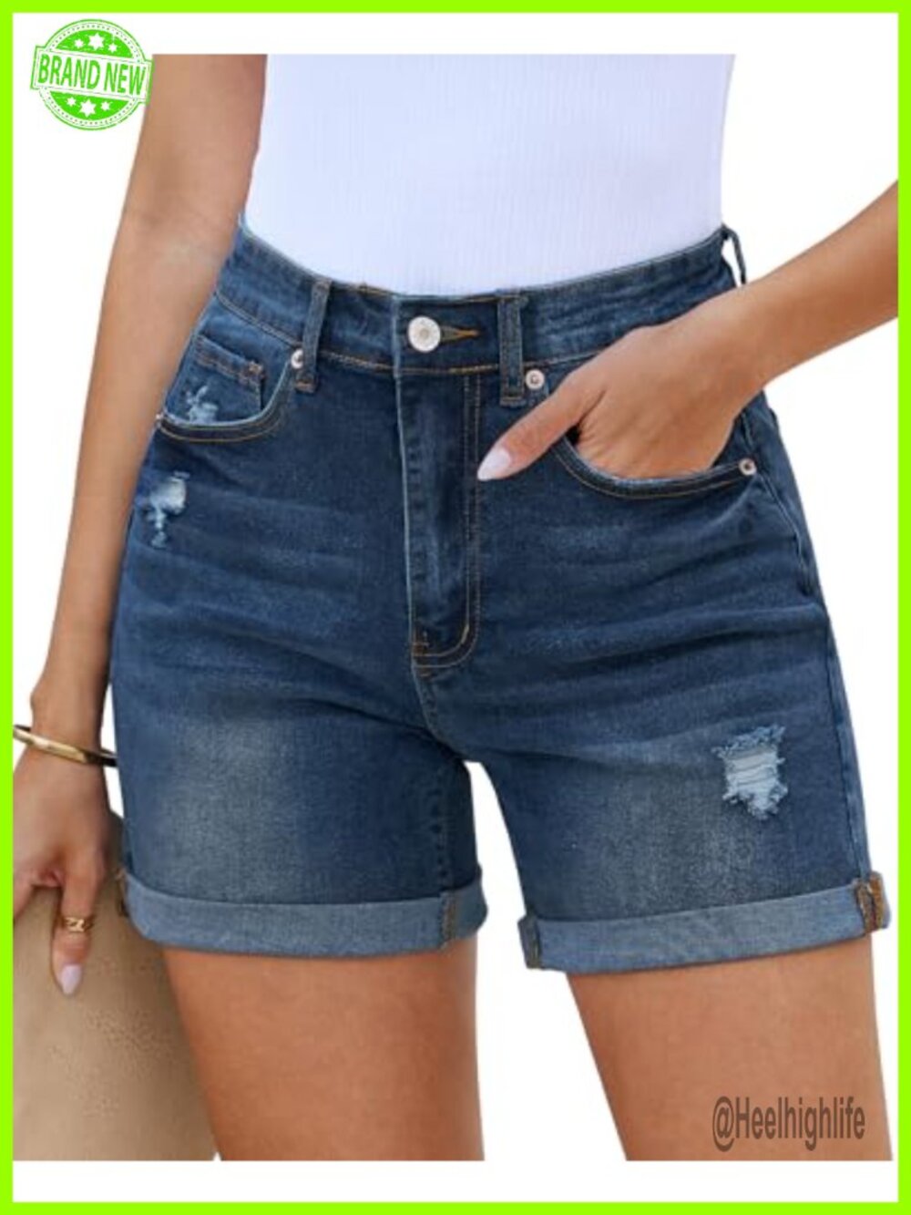 High Waisted Distressed Denim Shorts Fold Hem Stretchy Summer Jorts